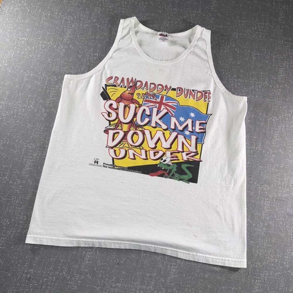 Anvil Tank Top Mens Large White Crawdaddy Dundee Suck Me Down Under Graphic